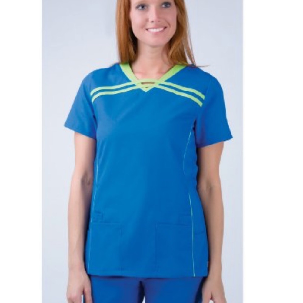 Women's Urbane Scrub V-Neck Tunic Top (Royal Blue/Lime;Large)